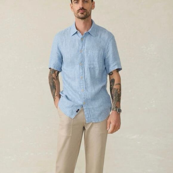 Faherty Short-Sleeve Palma Linen Shirt - BlueBasketweave size medium